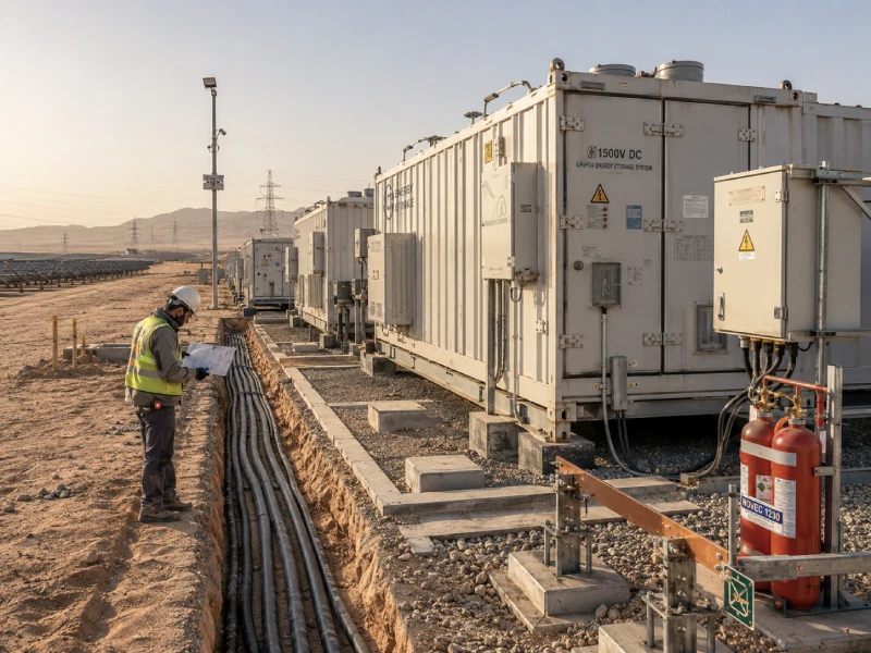 1500V containerized ESS in desert utility-scale EPC project with grounding and DC cable infrastructure