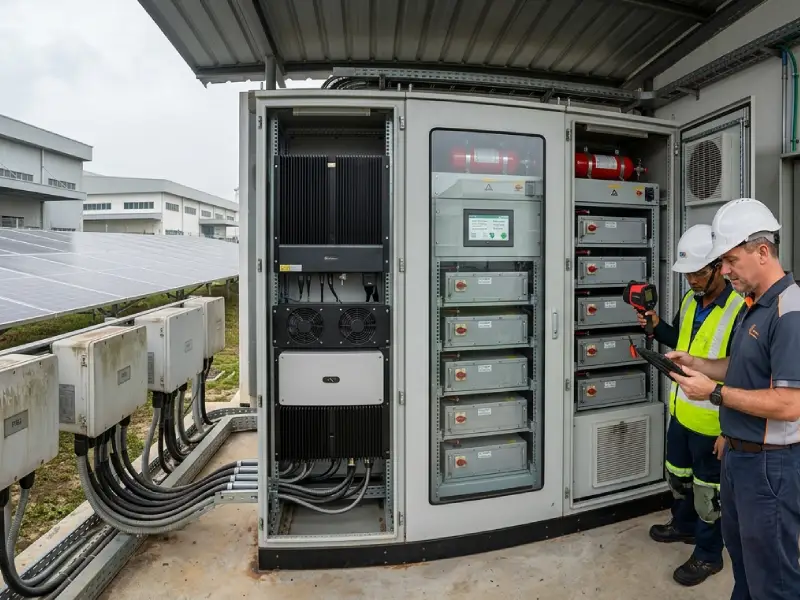 Hybrid solar inverter integrated with battery storage system in industrial energy management application.