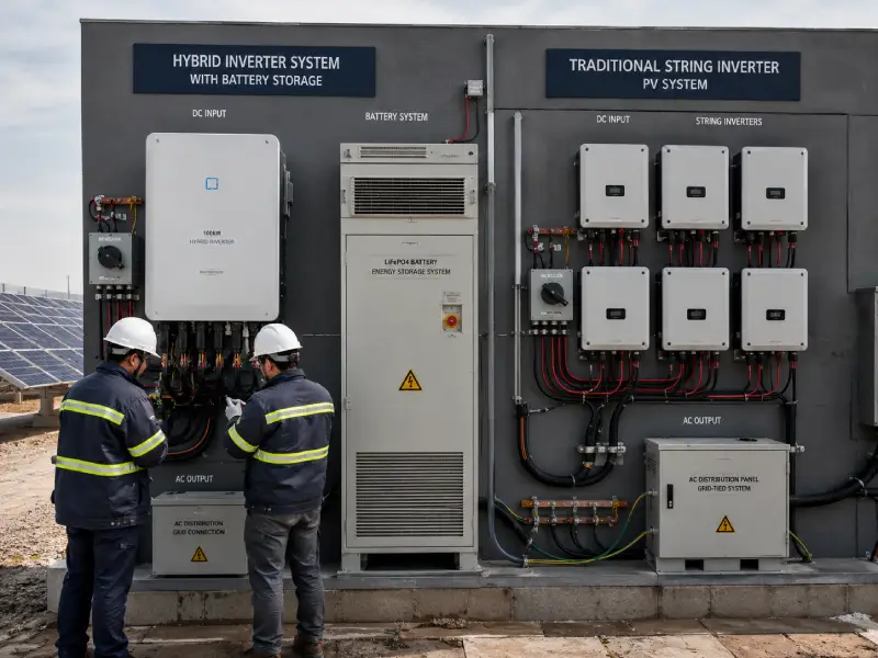 Hybrid and string inverter solar systems comparison in real industrial PV application