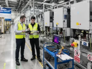 Commercial solar inverter undergoing factory quality assurance testing before EPC project deployment.