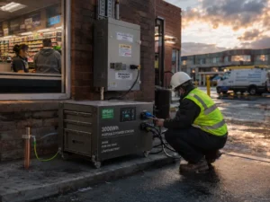 Portable power backup system maintaining commercial operations during grid outage in urban business environment