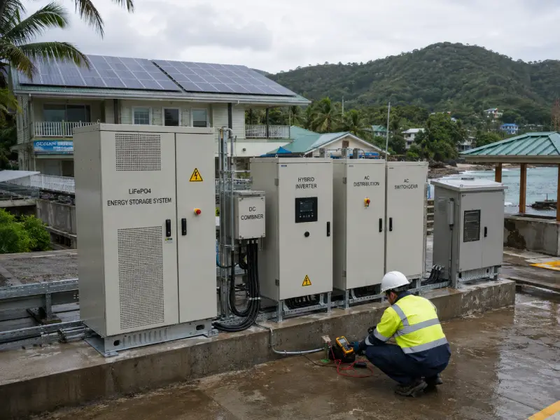 LiFePO₄ battery energy storage system providing reliable off-grid power for a coastal renewable microgrid