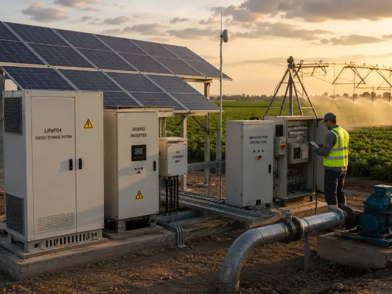 Off-grid solar power system operating agricultural irrigation pumps with integrated battery energy storage