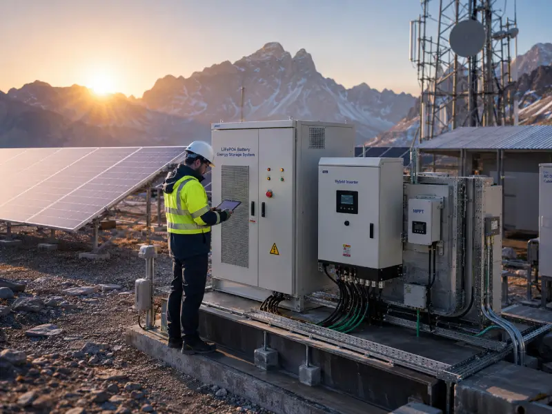 Off-grid solar system powering a remote mountain telecom station with LiFePO₄ battery storage and reliable energy supply