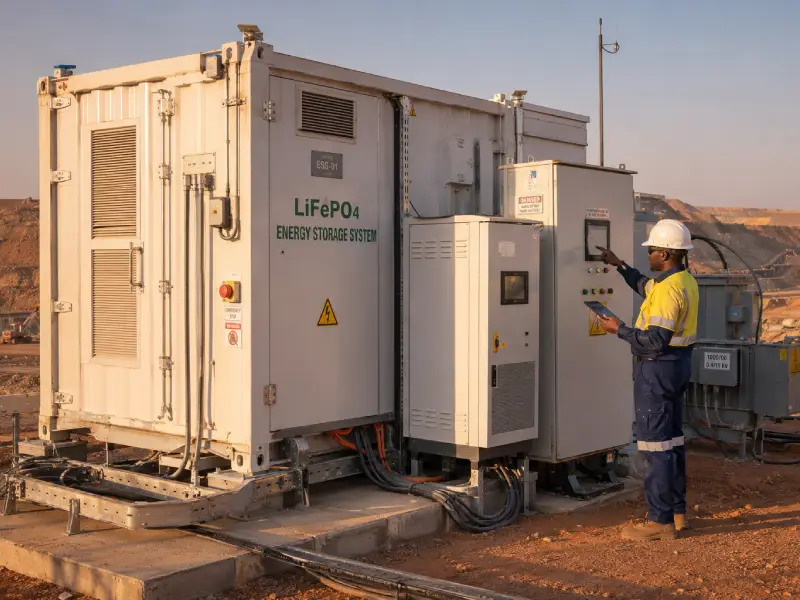 Containerized LiFePO4 battery energy storage system supporting mining operations in a remote African industrial environment.