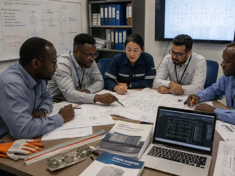 Engineering team reviewing electrical drawings and commercial solar system documentation during project planning.